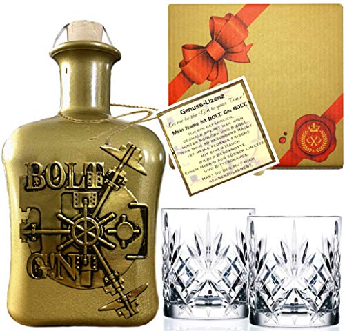Bolt Gin Sonderedition Gold (0.5 l) Geschenkset mit 2 Gläsern! TOP Qualität – Geschenk aus Deutschland! Edelmanufaktur, Luxus Dry Gin, Genießer, Kenner, Experte
