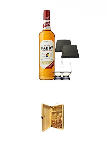 Paddy Irish Whiskey 0,7 Liter + 2 Glencairn Gläser und 2 Schiefer Glasuntersetzer 9,5 cm + 1a Whisky Holzbox für 2 Flaschen mit Hakenverschluss