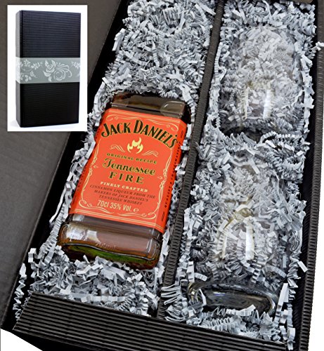 Geschenkkarton von meinglas24 mit Jack Daniels Fire Whisky 35% 0,7l und 2 Tumbler Gläser