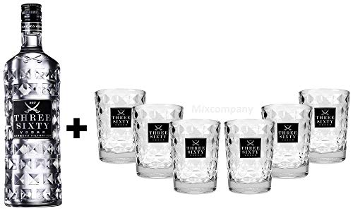 Three Sixty Set Geschenkset ? Three Sixty Vodka Wodka 0,7L 700ml (37,5% Vol) + 6x Tumbler 0,2l 200ml Facettenschliff Glas- [Enthält Sulfite]