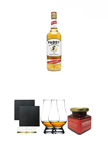 Paddy Irish Whiskey 0,7 Liter + Schiefer Glasuntersetzer eckig ca. 9,5 cm Ø 2 Stück + The Glencairn Glass Whisky Glas Stölzle 2 Stück + Redbreast 12 Jahre Himbeere Marmelade 150 Gramm Glas