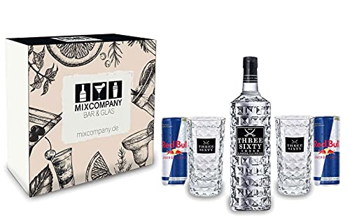 Three Sixty Geschenk Set – Three Sixty Vodka 0,7l 700ml (37,5% Vol) + 2 Gläser + 2 Red Bull 250ml – Inkl. Pfand EINWEG