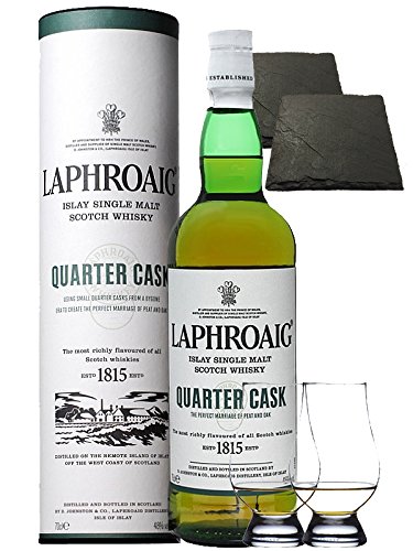 Laphroaig Quarter Cask Islay Single Malt Whisky 0,7 Liter + 2 Glencairn Gläser + 2 Schieferuntersetzer quadratisch ca. 9,5 cm