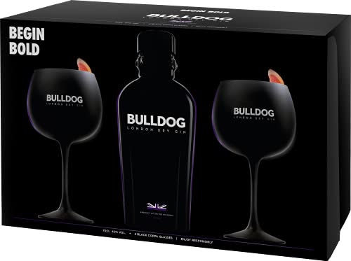 Bulldog London Dry Gin Geschenkset – 1 x 0,7 l – Gin Set mit 2 Gläsern – Bulldog Gin aus 12 naturbelassenen Pflanzenextrakten – 40% Vol. Alkohol