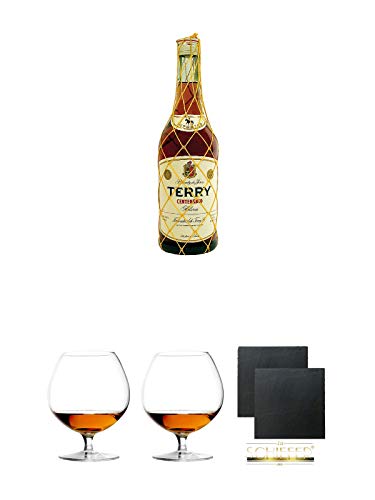 Terry Centenario Brandy 0,7 Liter + Cognacglas/Schwenker Stölzle 1 Stück – 103/18 + Cognacglas/Schwenker Stölzle 1 Stück – 103/18 + Schiefer Glasuntersetzer eckig ca. 9,5 cm Ø 2 Stück