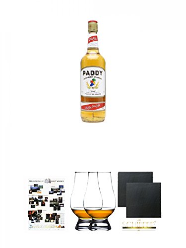 Paddy Irish Whiskey 0,7 Liter + Poster The Making of Malt Whisky DIN A1 + The Glencairn Glass Whisky Glas Stölzle 2 Stück + Schiefer Glasuntersetzer eckig ca. 9,5 cm Ø 2 Stück