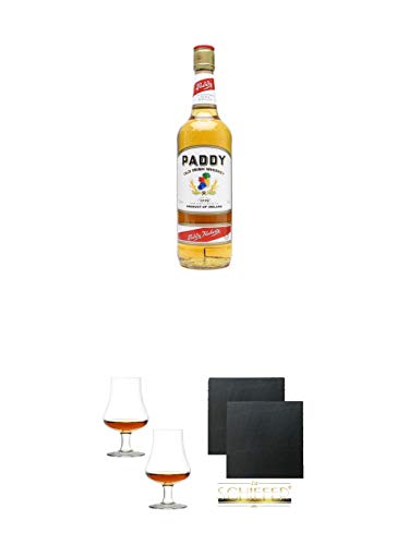 Paddy Irish Whiskey 0,7 Liter + Stölzle Nosingglas für Whisky 2 Gläser – 1610031 + Schiefer Glasuntersetzer eckig ca. 9,5 cm Ø 2 Stück