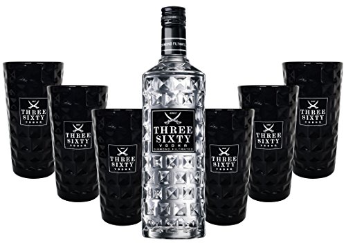 Three Sixty Vodka 0,7l 700ml (37,5% Vol) + 6x Black Longdrink-Gläser eckig schwarz -[Enthält Sulfite]