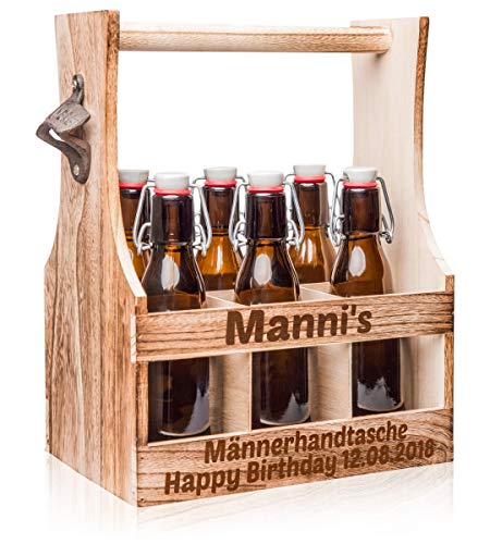Männerhandtasche Bierträger mit Gravur – Sixpack als Geburtstagsgeschenk Männergeschenke stabiler Flaschenträger aus Holz für 6 Flaschen