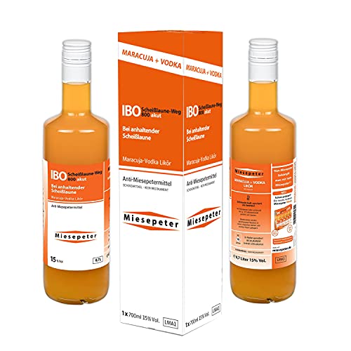 Miesepeter Likör – IBO Scheißlaune-Weg 800 akut (Maracuja + Vodka, 0,7l Flasche) im Geschenkkarton