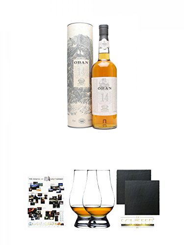 Oban 14 Jahre Single Malt Whisky 0,7 Liter + Poster The Making of Malt Whisky DIN A1 + The Glencairn Glass Whisky Glas Stölzle 2 Stück + Schiefer Glasuntersetzer eckig ca. 9,5 cm Ø 2 Stück