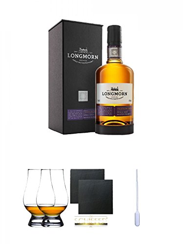 Longmorn The Distillers Choice Single Malt Scotch Whisky 0,7 Liter + The Glencairn Glass Whisky Glas Stölzle 2 Stück + Schiefer Glasuntersetzer eckig ca. 9,5 cm Ø 2 Stück + Einweg-Pipette 1 Stück